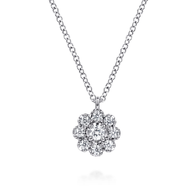 14K White Gold Diamond Floral Pendant Necklace - 0.25 ct - Shot 1