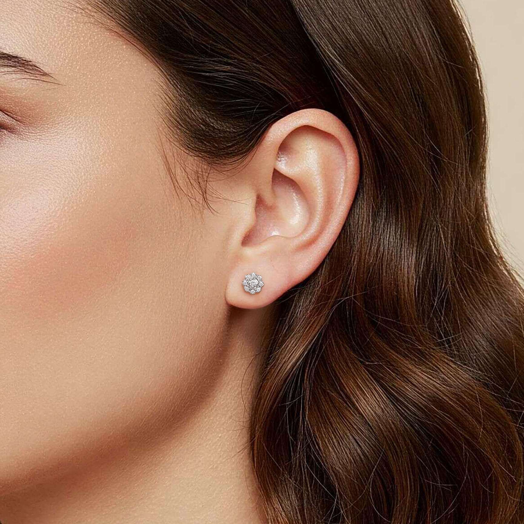 14K White Gold Diamond Floral Stud Earrings