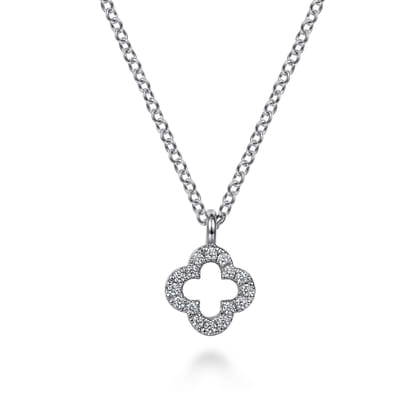 14K White Gold Diamond Flower Pendant Necklace