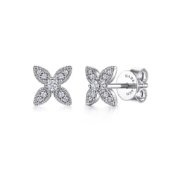14K White Gold Diamond Flower Stud Earrings