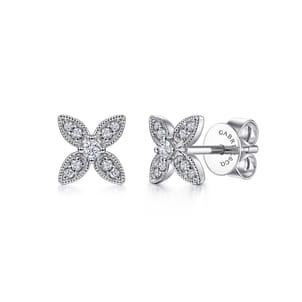 14K White Gold Diamond Flower Stud Earrings