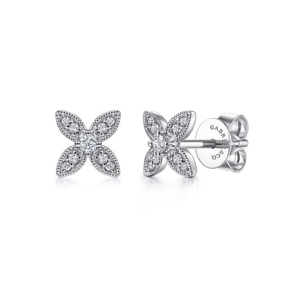 14K White Gold Diamond Flower Stud Earrings