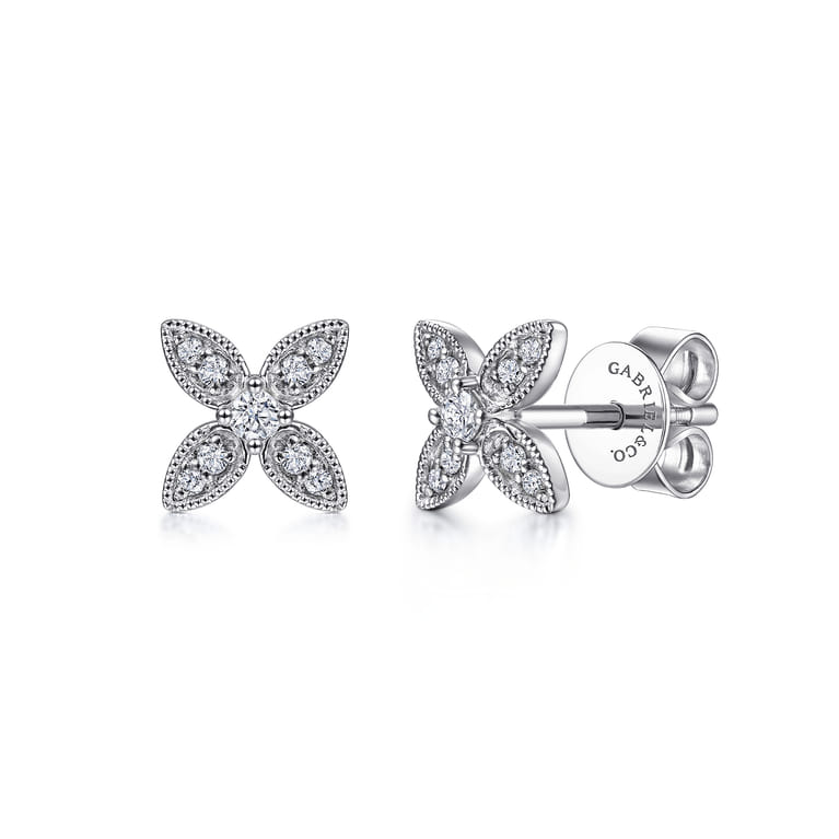 14K White Gold Diamond Flower Stud Earrings - 0.12 ct - Shot 1