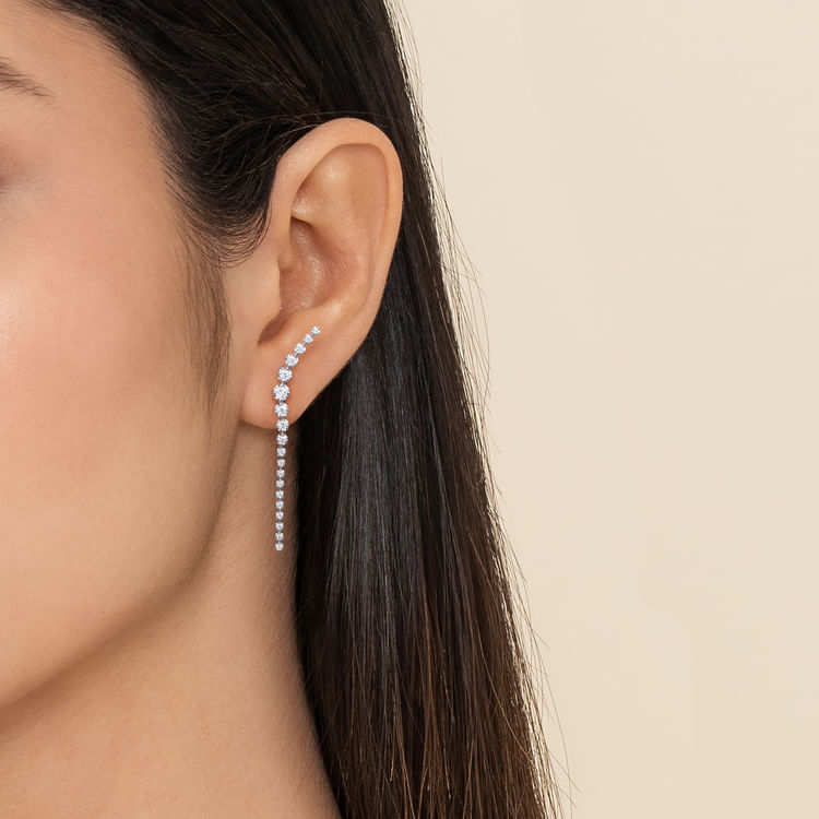 14K White Gold Diamond Graduating Ear Climber Drop Earrings