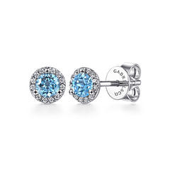 14K White Gold Diamond Halo   Swiss Blue Topaz Stud Earrings