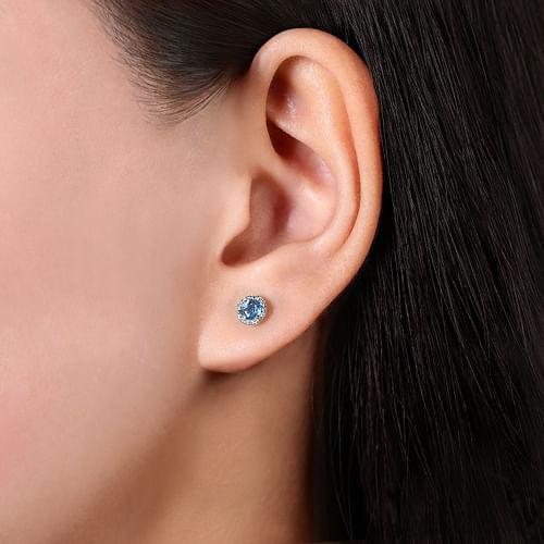 14K White Gold Diamond Halo   Swiss Blue Topaz Stud Earrings - 0.09 ct - Shot 2