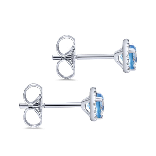 14K White Gold Diamond Halo   Swiss Blue Topaz Stud Earrings - 0.09 ct - Shot 3