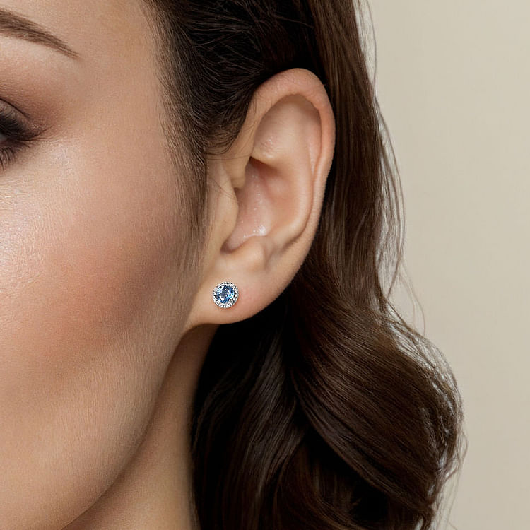 14K White Gold Diamond Halo  Swiss Blue Topaz Stud Earrings