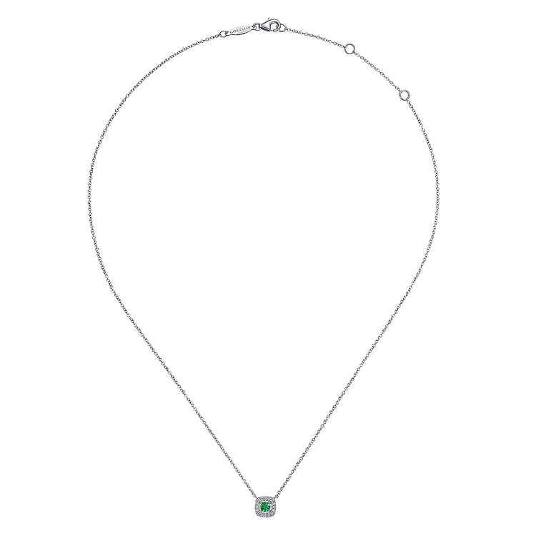 14K White Gold Diamond Halo and Emerald Pendant Necklace