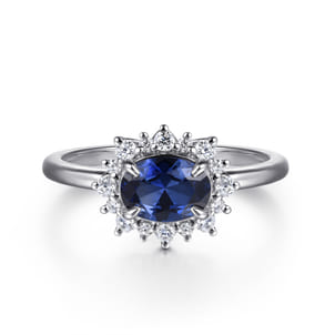 14K White Gold Diamond Halo and Oval Sapphire Classic Ladies Ring