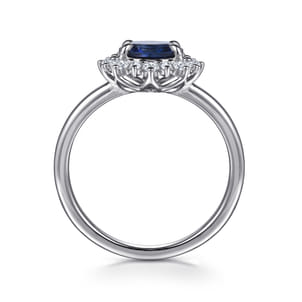 14K White Gold Diamond Halo and Oval Sapphire Classic Ladies Ring