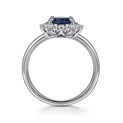14K White Gold Diamond Halo and Oval Sapphire Classic Ladies Ring