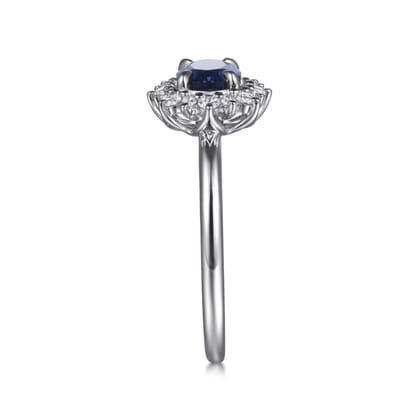 14K White Gold Diamond Halo and Oval Sapphire Classic Ladies Ring