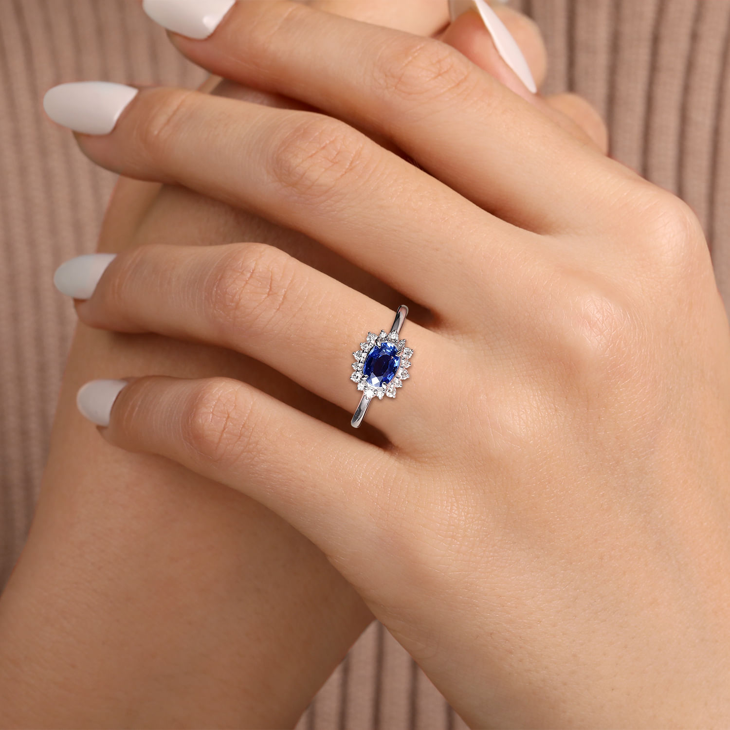 14K White Gold Diamond Halo and Oval Sapphire Classic Ladies Ring