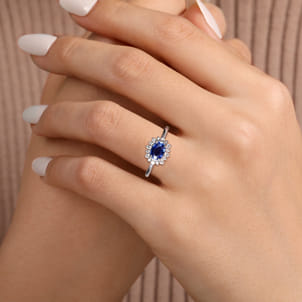 14K White Gold Diamond Halo and Oval Sapphire Classic Ladies Ring