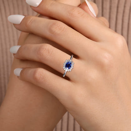 14K White Gold Diamond Halo and Oval Sapphire Classic Ladies Ring