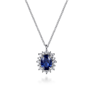 14K White Gold Diamond Halo and Oval Sapphire Classic Pendant Necklace