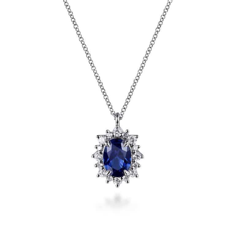 14K White Gold Diamond Halo and Oval Sapphire Classic Pendant Necklace - 0.2 ct - Shot 1