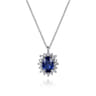 14K White Gold Diamond Halo and Oval Sapphire Classic Pendant Necklace - 0.2 ct