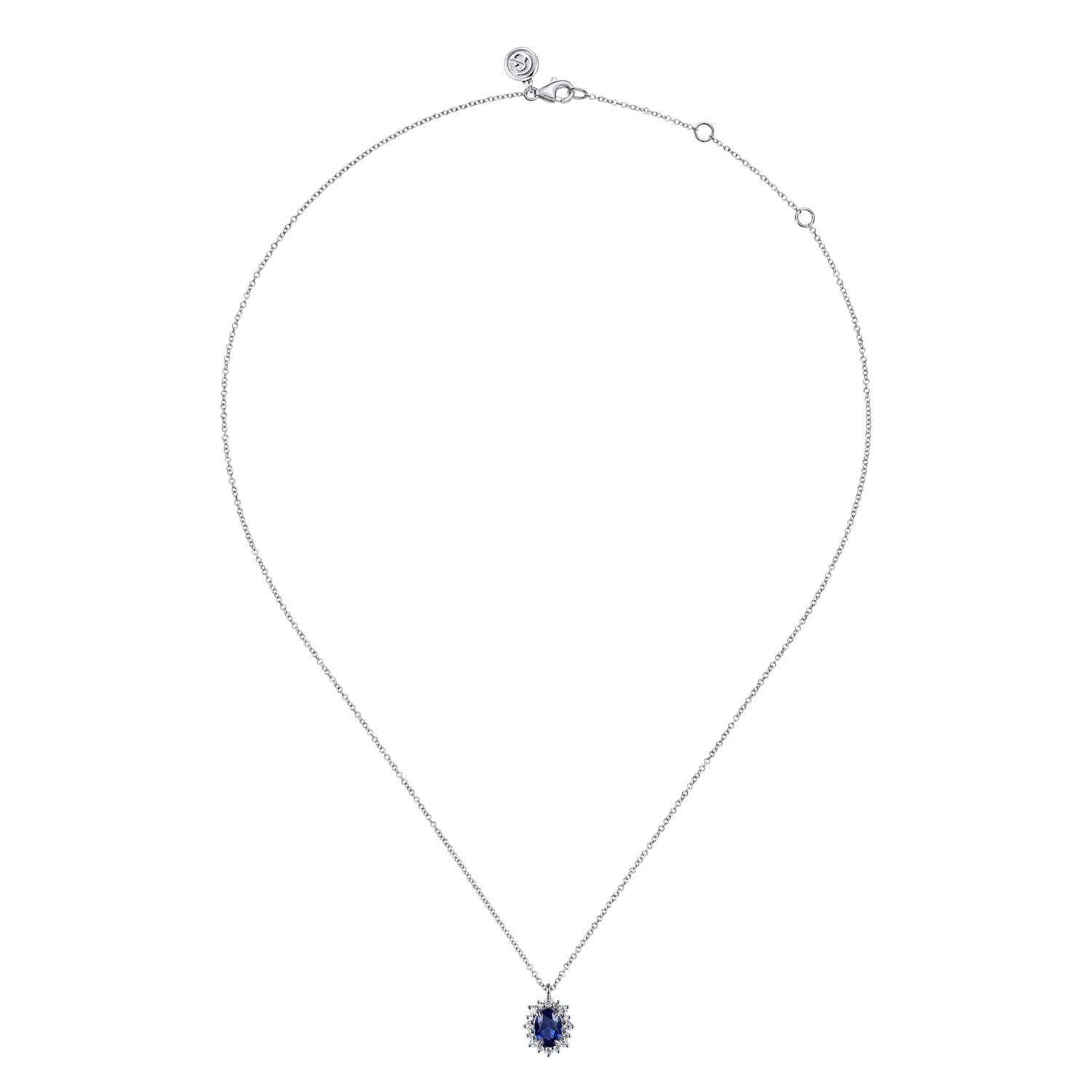 14K White Gold Diamond Halo and Oval Sapphire Classic Pendant Necklace