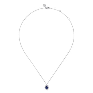 14K White Gold Diamond Halo and Oval Sapphire Classic Pendant Necklace