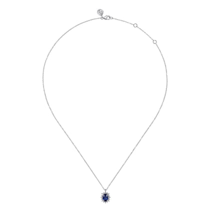 14K White Gold Diamond Halo and Oval Sapphire Classic Pendant Necklace