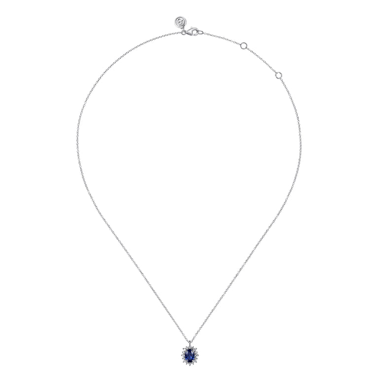 14K White Gold Diamond Halo and Oval Sapphire Classic Pendant Necklace - 0.2 ct - Shot 2