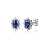 14K White Gold Diamond Halo and Oval Sapphire Classic Stud Earrings