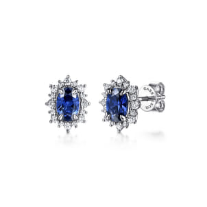 14K White Gold Diamond Halo and Oval Sapphire Classic Stud Earrings
