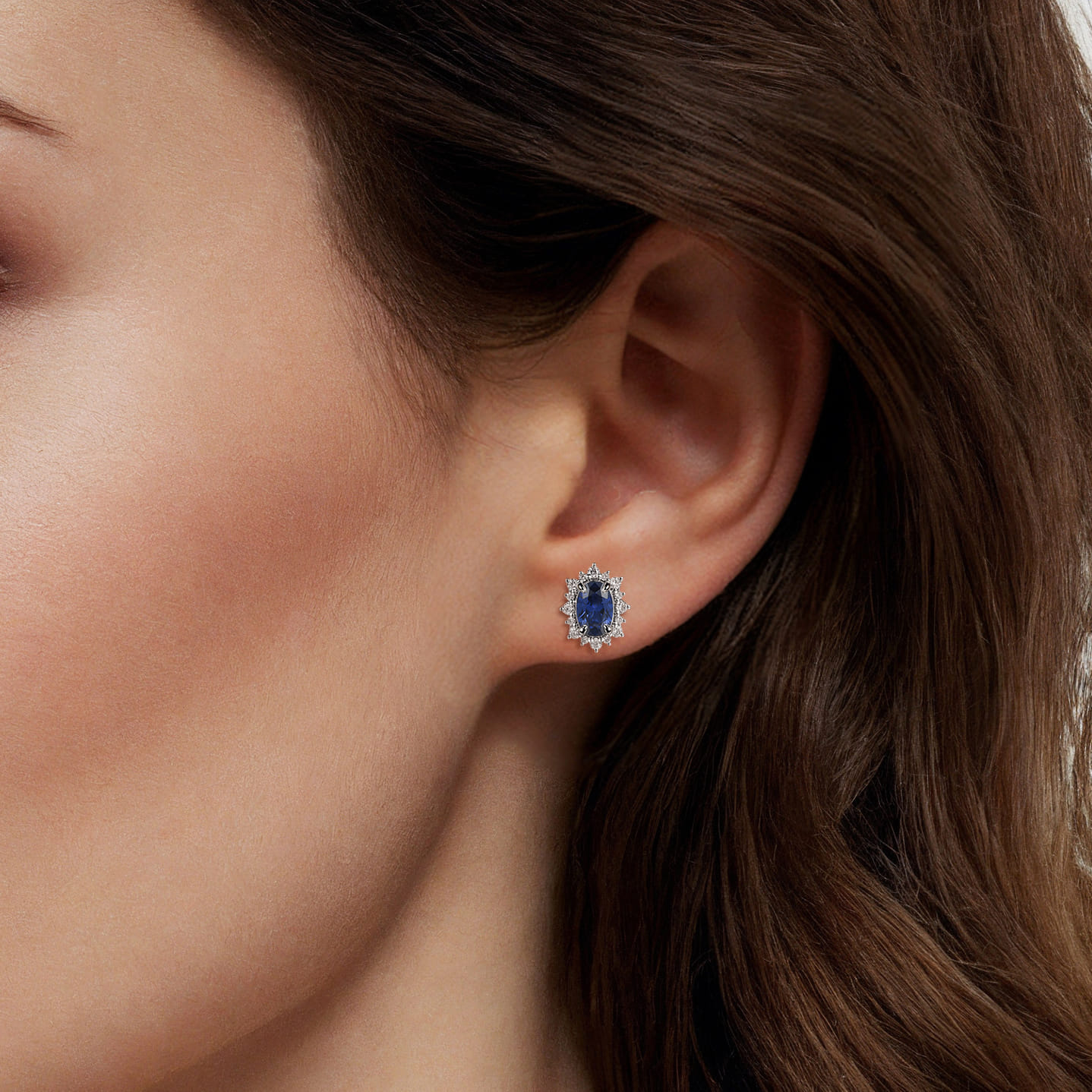 14K White Gold Diamond Halo and Oval Sapphire Classic Stud Earrings