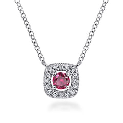 14K White Gold Diamond Halo and Ruby Pendant Necklace