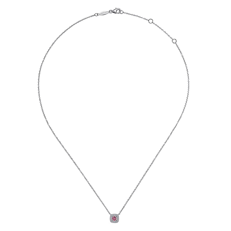 14K White Gold Diamond Halo and Ruby Pendant Necklace