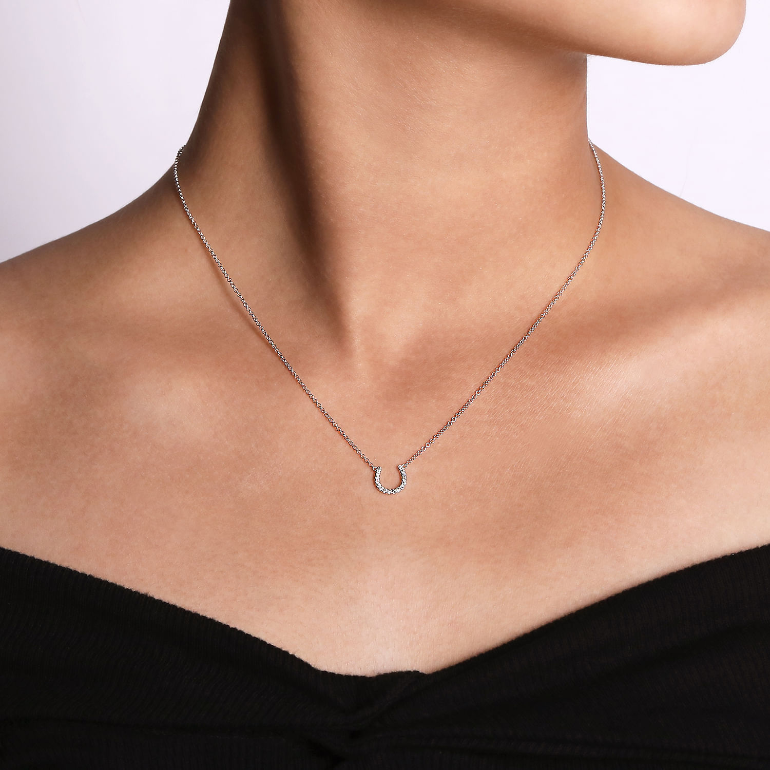 14K White Gold Diamond Horseshoe Pendant Necklace