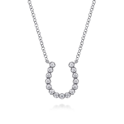14K White Gold Diamond Horseshoe Pendant Necklace