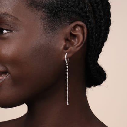 14K White Gold Diamond Huggie Drop Earrings