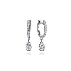 14K White Gold Diamond Huggie Drop Earrings