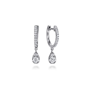 14K White Gold Diamond Huggie Drop Earrings