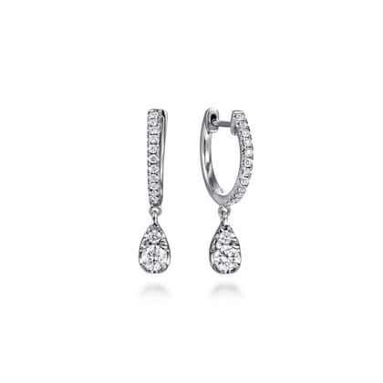 14K White Gold Diamond Huggie Drop Earrings