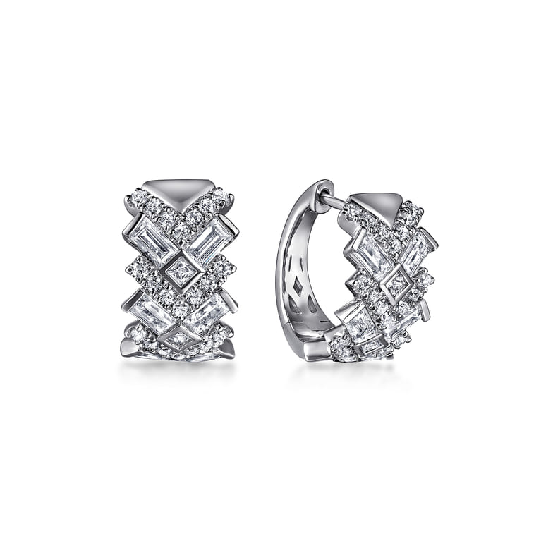 14K White Gold Diamond Huggie Earrings - 1.6 ct - Shot 1