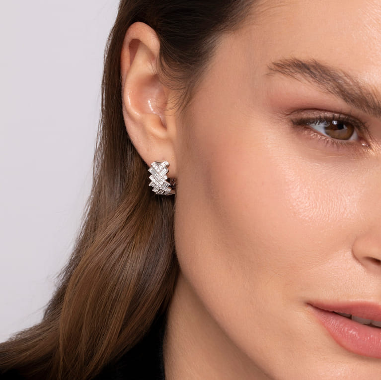 14K White Gold Diamond Huggie Earrings - 1.6 ct - Shot 4