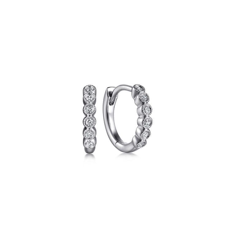 14K White Gold Diamond Huggie In 12mm With Bezel Set and Milgrain - 0.09 ct - Shot 1