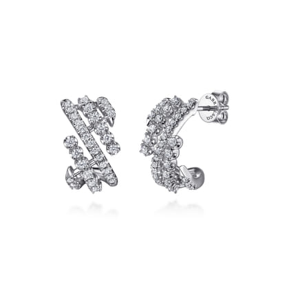 14K White Gold Diamond J Hoop Earrings