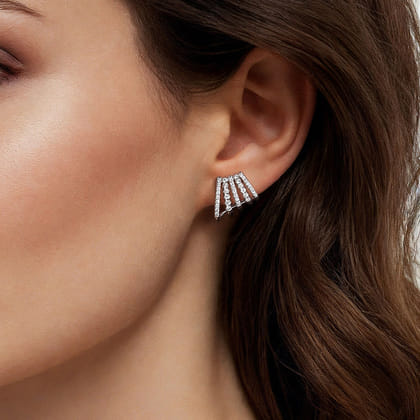 14K White Gold Diamond J Hoop Stud Earrings