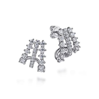 14K White Gold Diamond J Hoop Stud Earrings