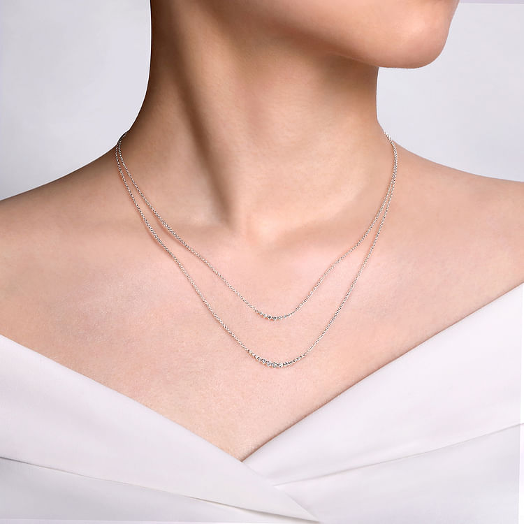 14K White Gold Diamond Layered Bar Necklace