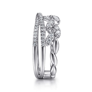 14K White Gold Diamond Leaf Cluster and Criss Cross Ring