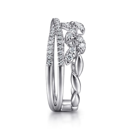 14K White Gold Diamond Leaf Cluster and Criss Cross Ring