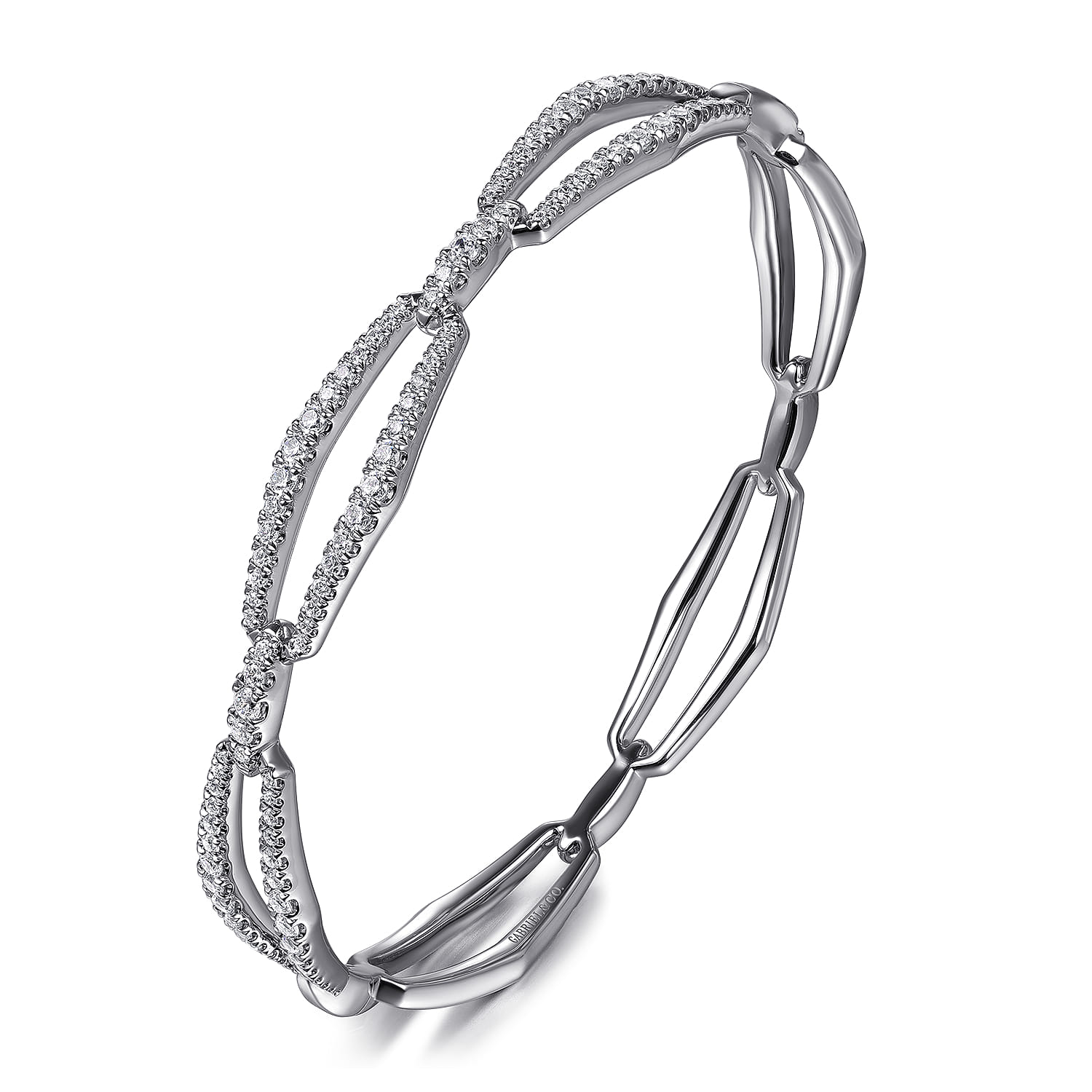 14K White Gold Diamond Link Bangle Bracelet - 1 ct - Shot 2