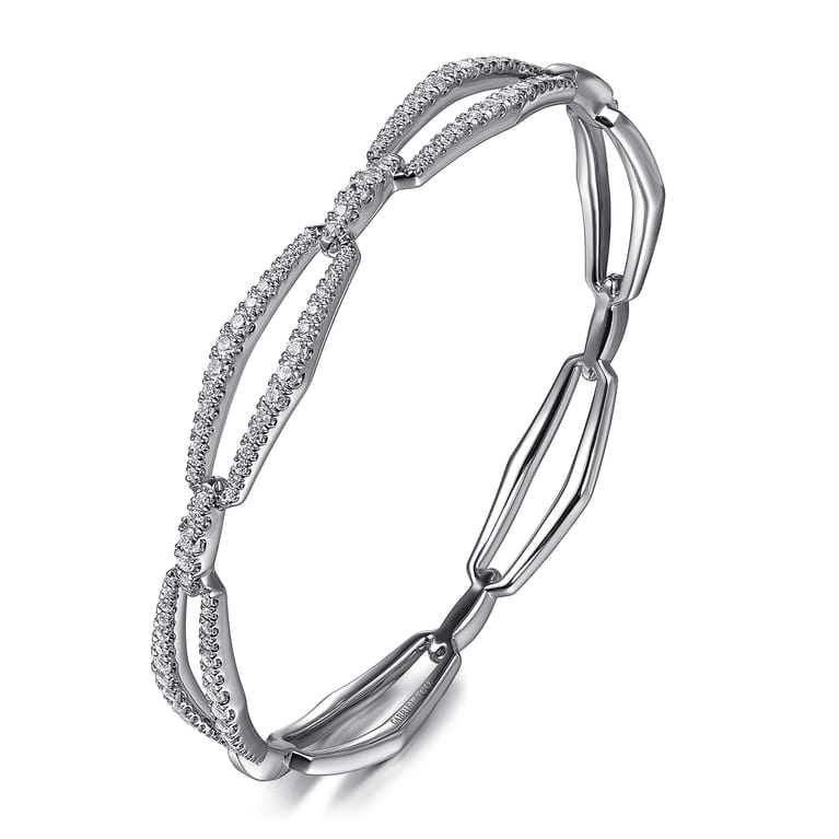 14K White Gold Diamond Link Bangle Bracelet - 1 ct - Shot 2