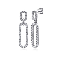 14K White Gold Diamond Link Chain Drop Earrings